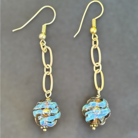 Long Gold tone and Blue Glass Flower Earrings - Picture 3 of 4
